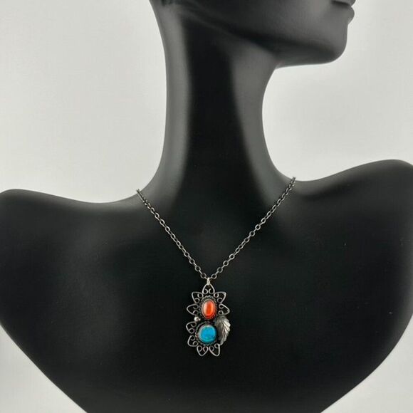 Vintage Sterling Silver Turquoise Coral Native Old Pawn Pendant Necklace - Picture 3 of 6